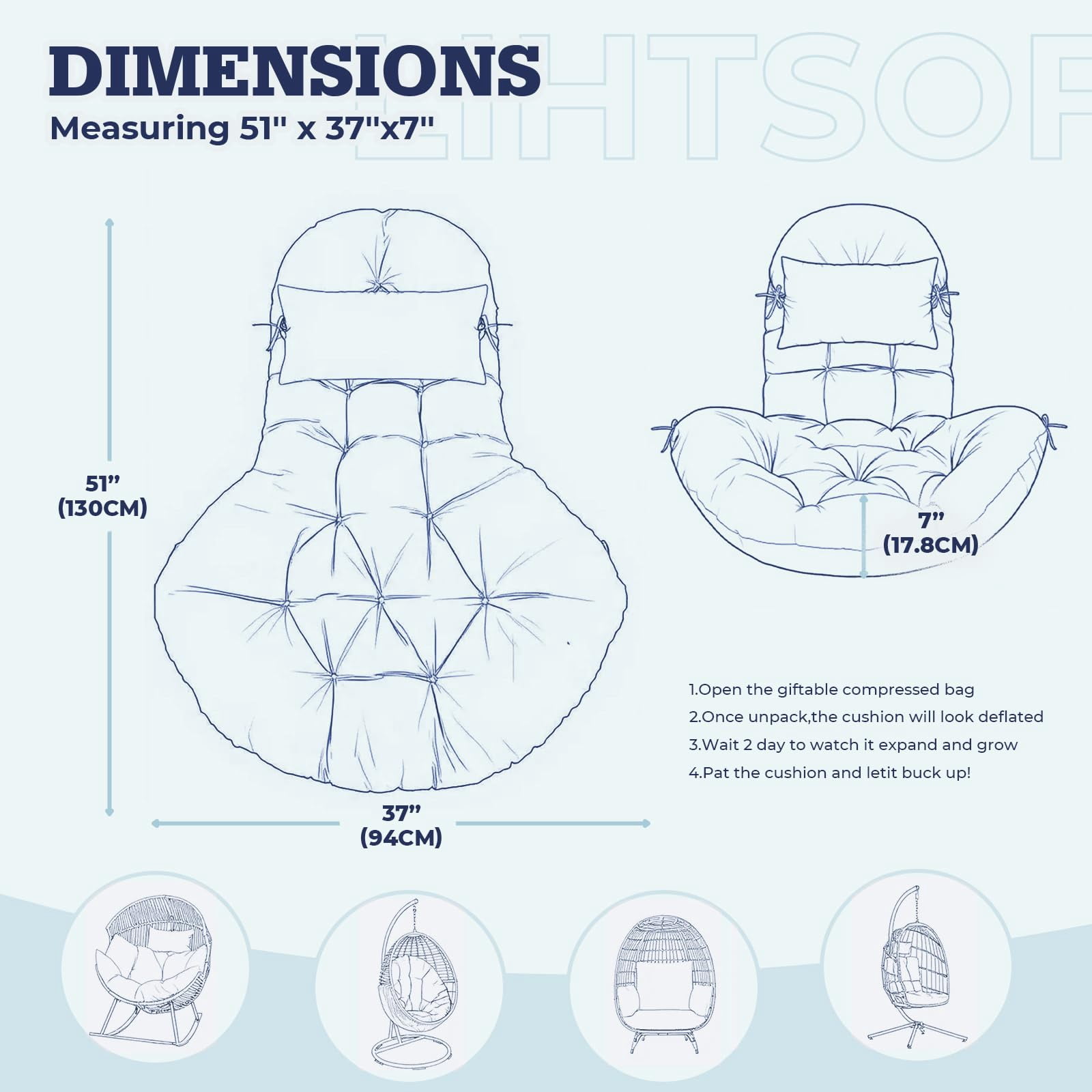 Outdoor egg Chair Cushion Replacement 51x37 Inch,Thicken Foldable Removable Waterproof Egg Chair Cushions with Headrest,Rocking Chair Cushions for Indoor Outdoor Patio Garden,Bule