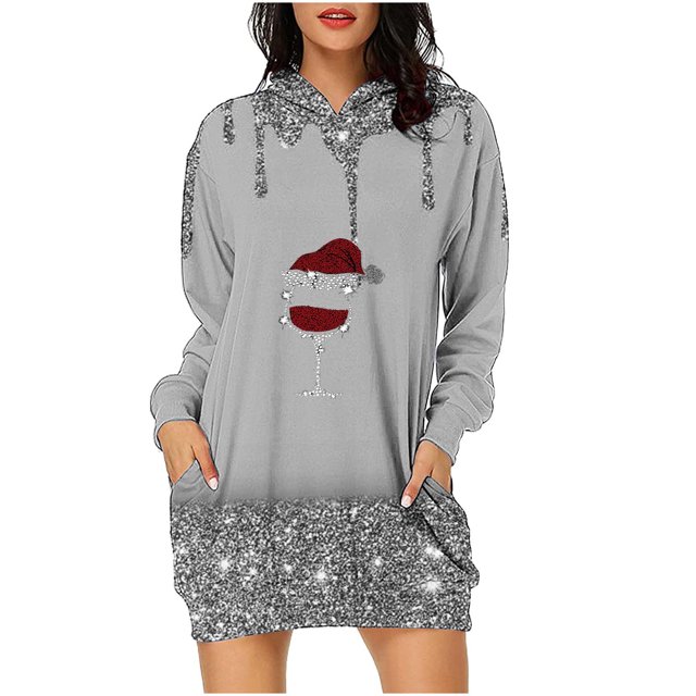 Pisexur Robes de Noël pour Femmes Mode Imprimé Verres à Vin Rouge Robes de Fête Décontractées à Manches Longues Sweat à Capuche Robes d'Automne de Noël Mini Robe avec Poches