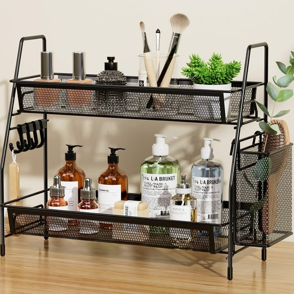Subekyu 2-Tier Bathroom Organizer Countertop, Metal Wire Mesh Bathroom Counter Organizer Storage with Basket Hooks