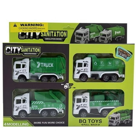 4 Vehicle Pull Back Toy Recycle & Garbage Truck Set, Green & White - Case of 48