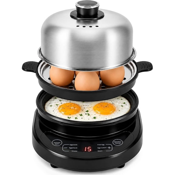 Rapid Egg Cooker, Stainless Steel Electric Egg Steamer for Hard and Soft Boiled Eggs, Fried Egg and Omelet Maker, Auto Shut-Off, Dishwasher-Safe , , Holds 7 Eggs, Black