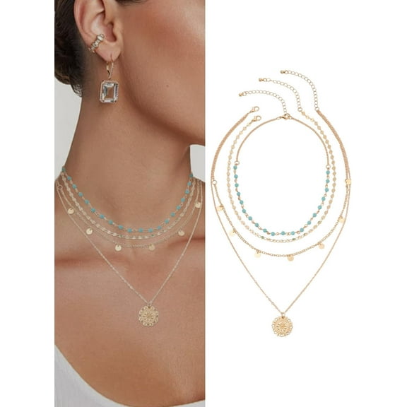 Layered Turquoise Necklace Long Y shape Western Necklaces Bohemian Turquoise Stacked Coin Pendant Necklace for Women Parties Weddings and Daily Wear