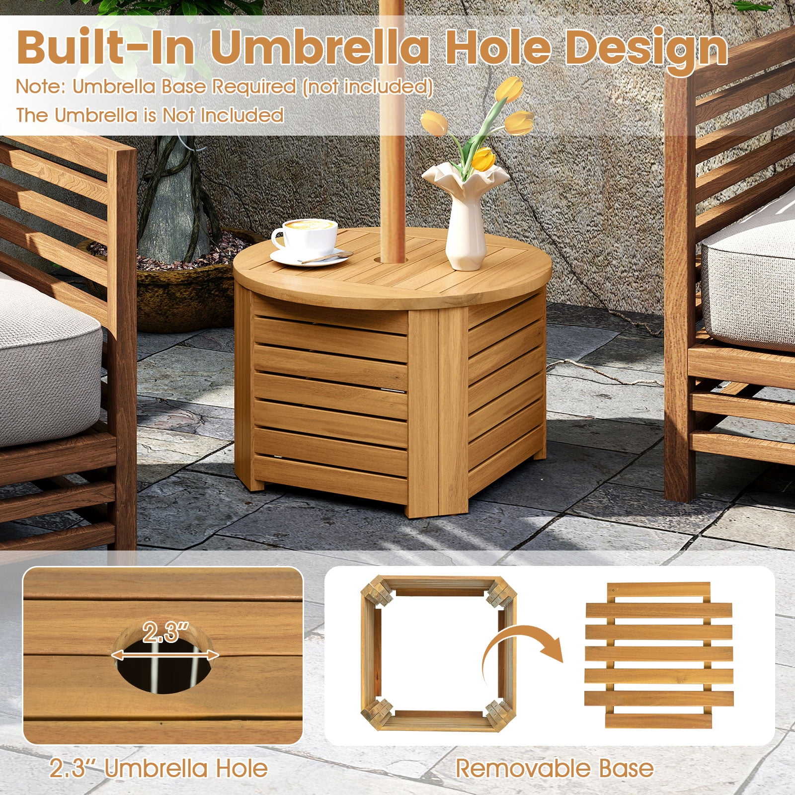 Gymax 2-in-1 Outdoor Side Table w/Storage Umbrella Hole & Removable Base for Backyard
