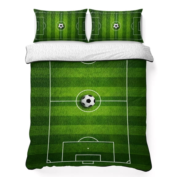 Quilts Full Size Bedding Set, Green Football Field Lightweight Quilted Comforter, Center Circle Soccer Ball Soft Reversible Bedspread Coverlet with Pillow Covers for All Season, 78" x 90"
