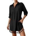 thumbnail image 5 of Fesfesfes Women's Tassel Hem Beach Cover Up Button Down Shirt Dress Oversized 3/4 Sleeve Swimsuit Cover Up Vacation Resort Wear Summer Bikini Beach Dress, 5 of 7