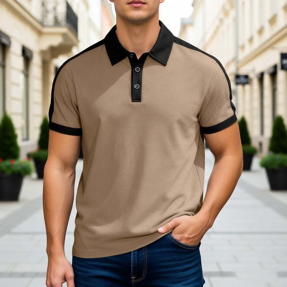 Polo Tees for Men Short Sleeve Quarter Button Up Tee Shirts Loose Fit Khaki Men TShirts