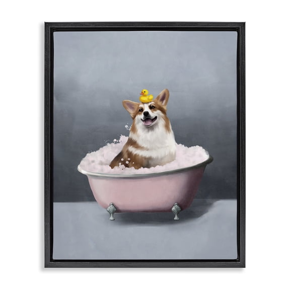 Stupell Industries Corgi in Pink Bath Bath & Laundry Painting Black Floater Framed Canvas Art Print Wall Art, 17 x 21