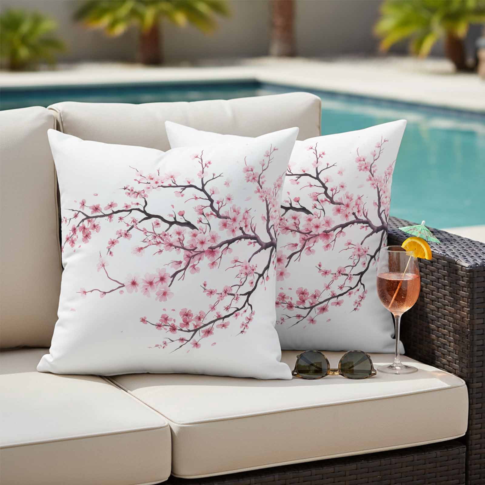 Cherry Flowers Pillow Covers 2 Pack Pink Floral Branch Spring Watercolors Pillowcase Waterproof Outdoor Throw Pillow Cover for Patio Garden Square Cushion 18”x18”