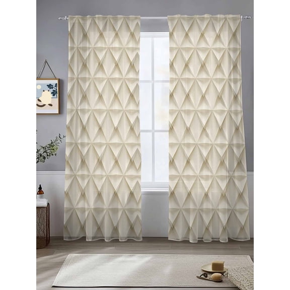 Beige Geometric Sheer Curtains for Living Room Bedroom Simplistic Chic Rustic Hexagon Pattern Sheer Curtains 84 Inch Long 2 Panels Set Light Filtering Curtain Window Treatments Drapes for Dining Room