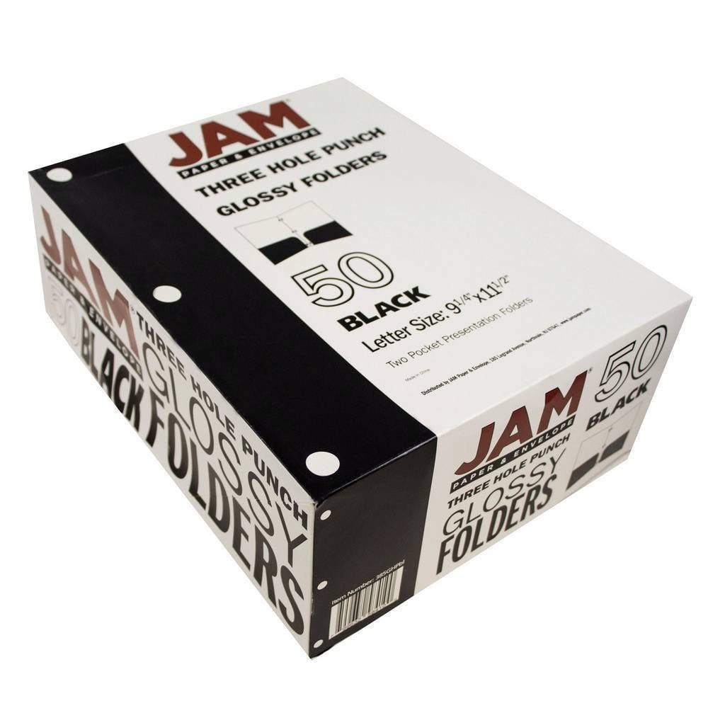 JAM Paper Glossy 3 Hole Punch Folders, Black, 50/Pack
