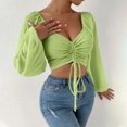thumbnail image 5 of Pincandy Women's Long Sleeve Mesh Solid Color Drawstring V-Neck Cropped Top Blouse,Green,M, 5 of 8