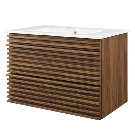 Sink Vanity Cabinet, Wall Mounted, Wood, Brown Walnut White, Modern Contemporary Urban Design, Hotel Bedroom Bathroom Master Suite Guest