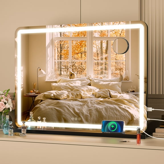 Hasipu 32"x22" LED Vanity Mirror with 10X Magnification - Dimmable Touch Screen Makeup Mirror with 3 Light Modes, Round Black Lighted Mirror