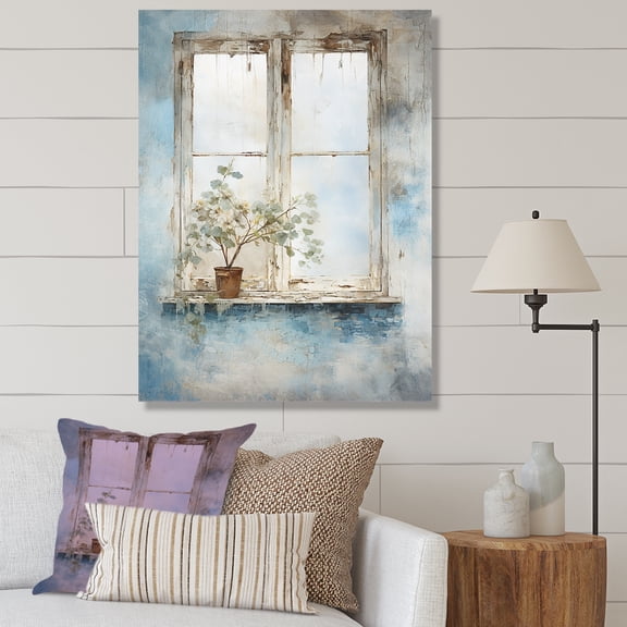 Designart "Minimalist Charm of Floral Windows in Blue and White II" Farm Canvas Wall Art - Country White Farm Windows Hallway Wall Art Decor