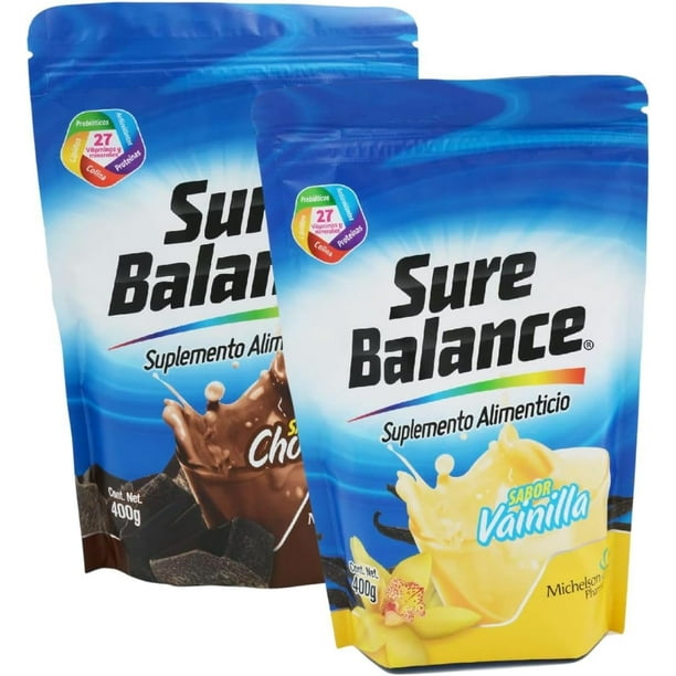 2 PACK - Sure Balance Chocolate/Vainilla - Contiene 27 vitaminas y minerales, con probioticos, antioxidantes, lipidos, proteinas, colina