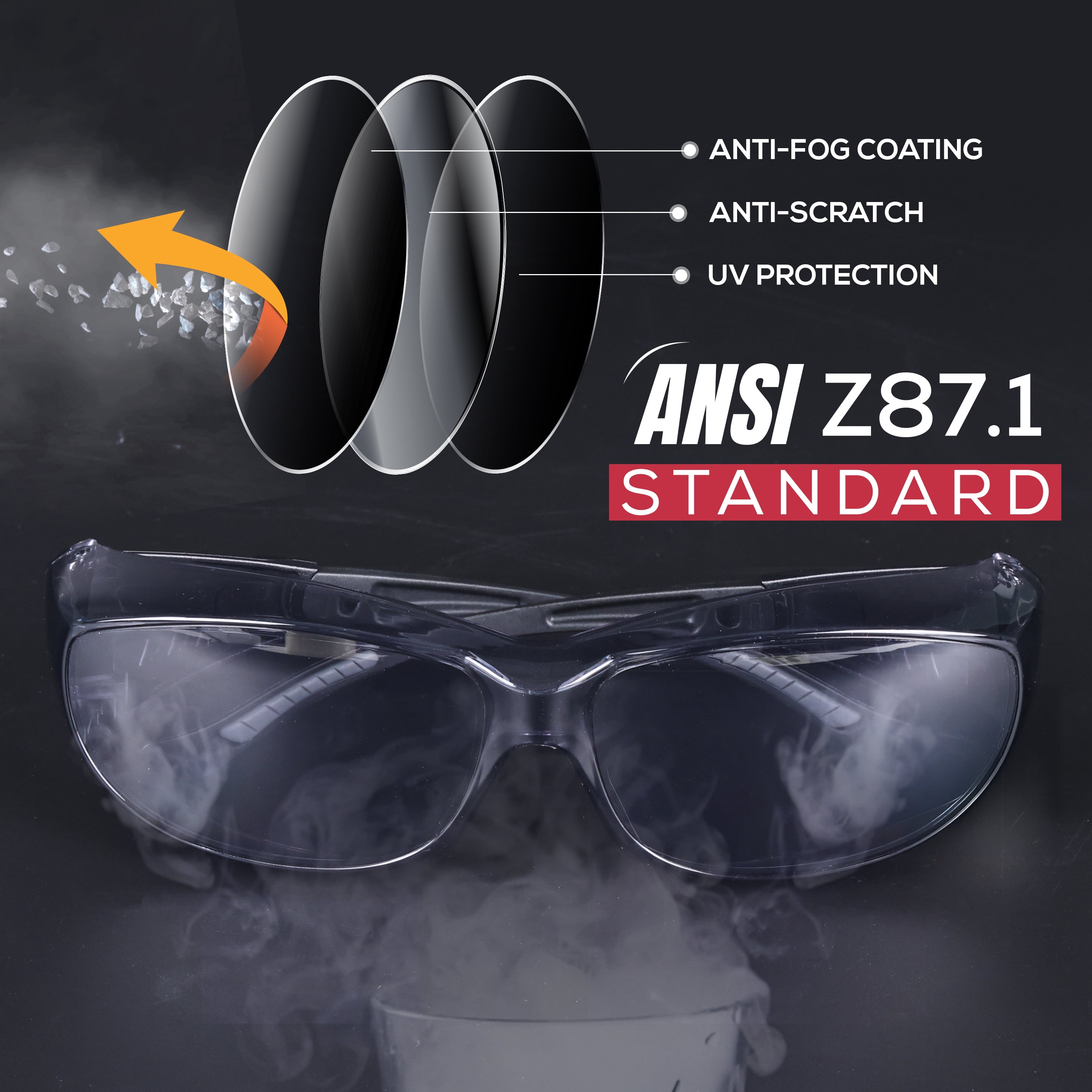 Zayaan Health PrimeX Gray Lens Black Temple Safety Glasses For Men/Women, Anti-Scratch & Fog (Pack of 144)