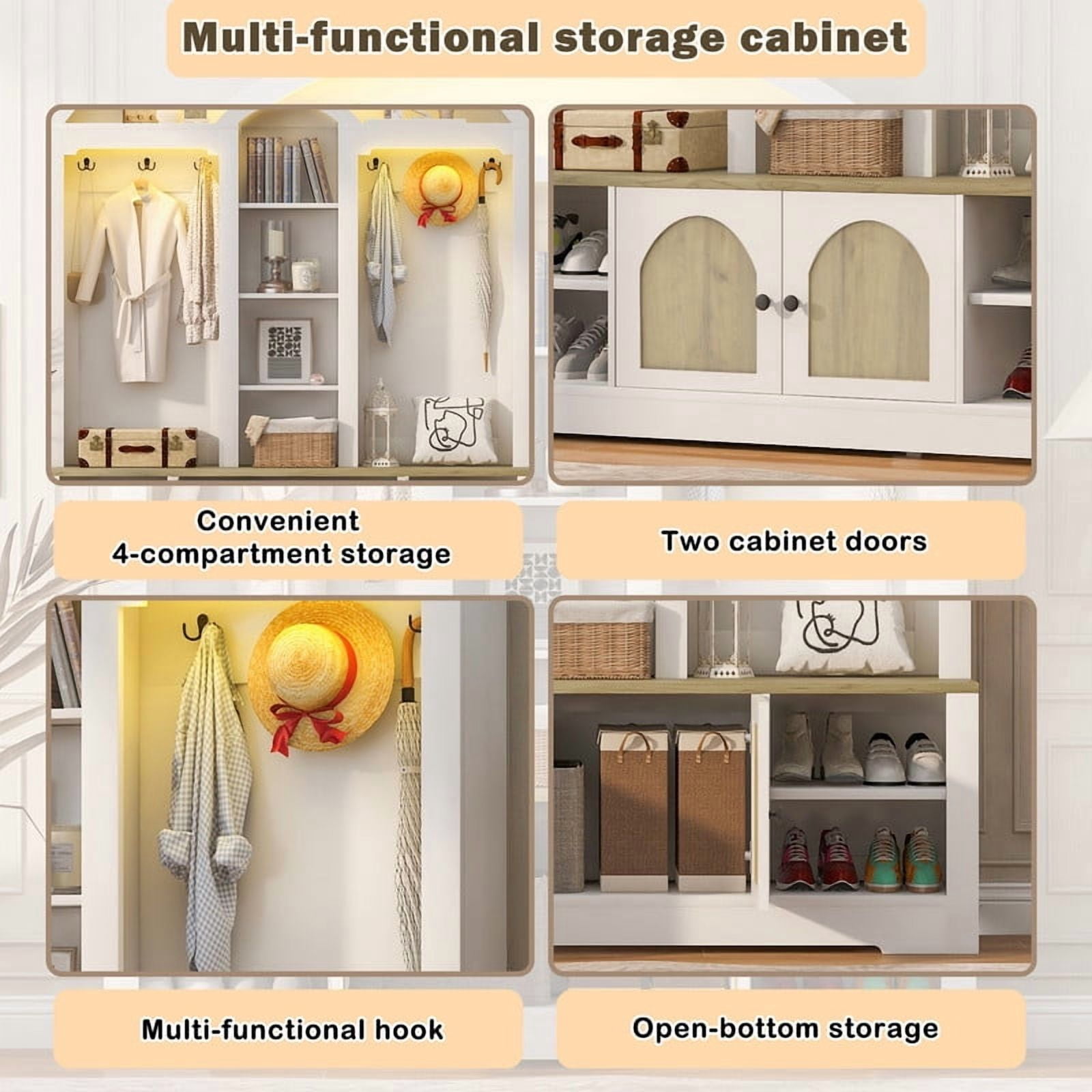 Farmhouse Hall Tree with APP Controlled LED Lights, Mudroom Bench with Shoe Cubbies and Cabinet, Entryway Coat Rack with 6 Hooks for Living Room, Hallway