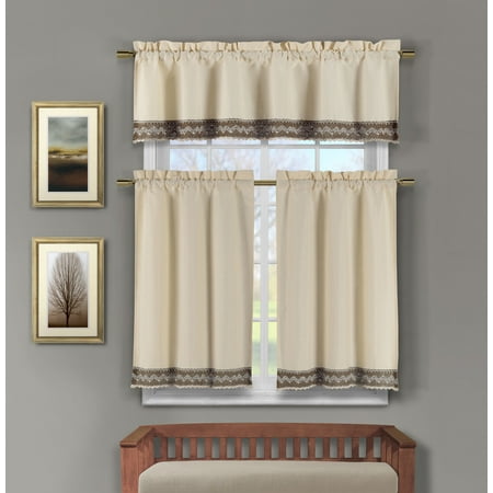 Cotton Rich 3 Pc Linen Kitchen Window Curtain Set Crochet Chocolate Cotton Rich 3 Pc Linen Kitchen Window Curtain Set Crochet Chocolate Brown And Accent Free Hanger Com