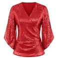 thumbnail image 4 of DuoJiaJ Womens Sequin Tops 3/4 Sleeve Glitter Sparkly Party Blouse V Neck Dressy Tops For Evening Party Women’s Plus Size Long Sleeve T-Shirts Red, 4 of 4
