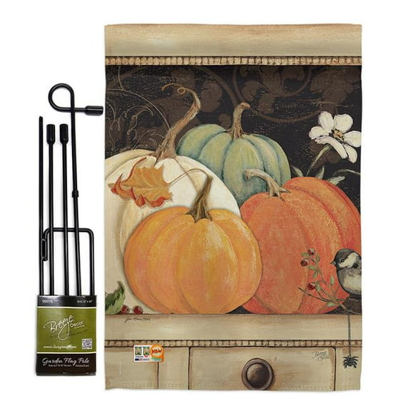 Breeze Decor BD-HA-GS-113068-IP-BO-D-US18-SB 13 x 18.5 in. October Pumpkins Fall Harvest & Autumn Vertical Double Sided Mini Garden Flag Set with Banner Pole