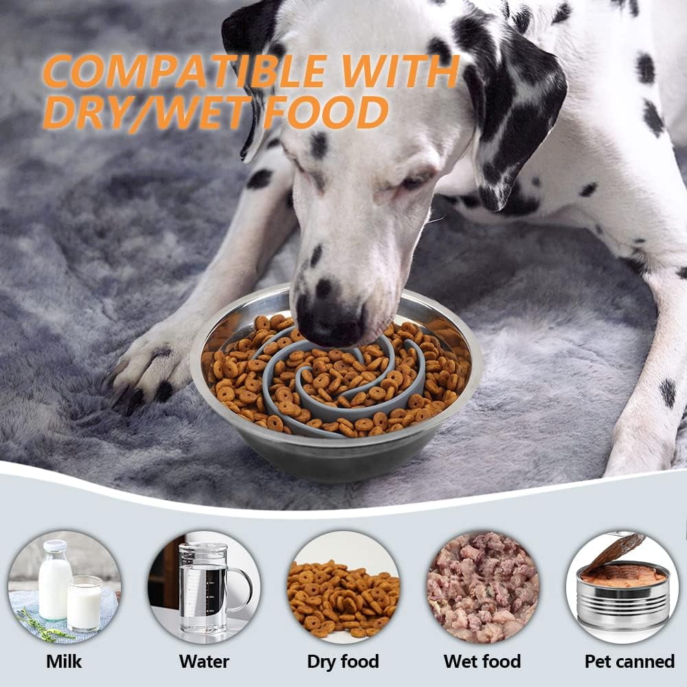 Slow Feeder Dog Bowls Insert,  Soft Silicone Slow Eating Dog Food Bowl for Small, Medium and Large Dogs, Compatible with Regular and Elevated Bowls Grey,S