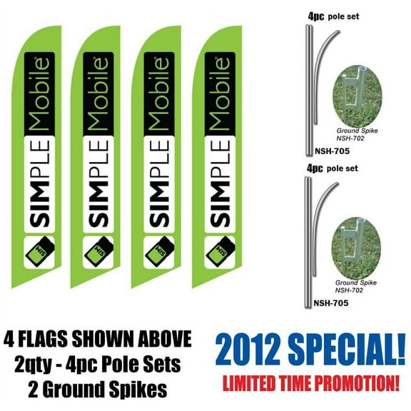 FOUR Custom Simple Mobile SimpleMobile Wireless 16ft Feather Banner Flag Set - INCLUDES 15FT POLE KITS w/HARDWARE