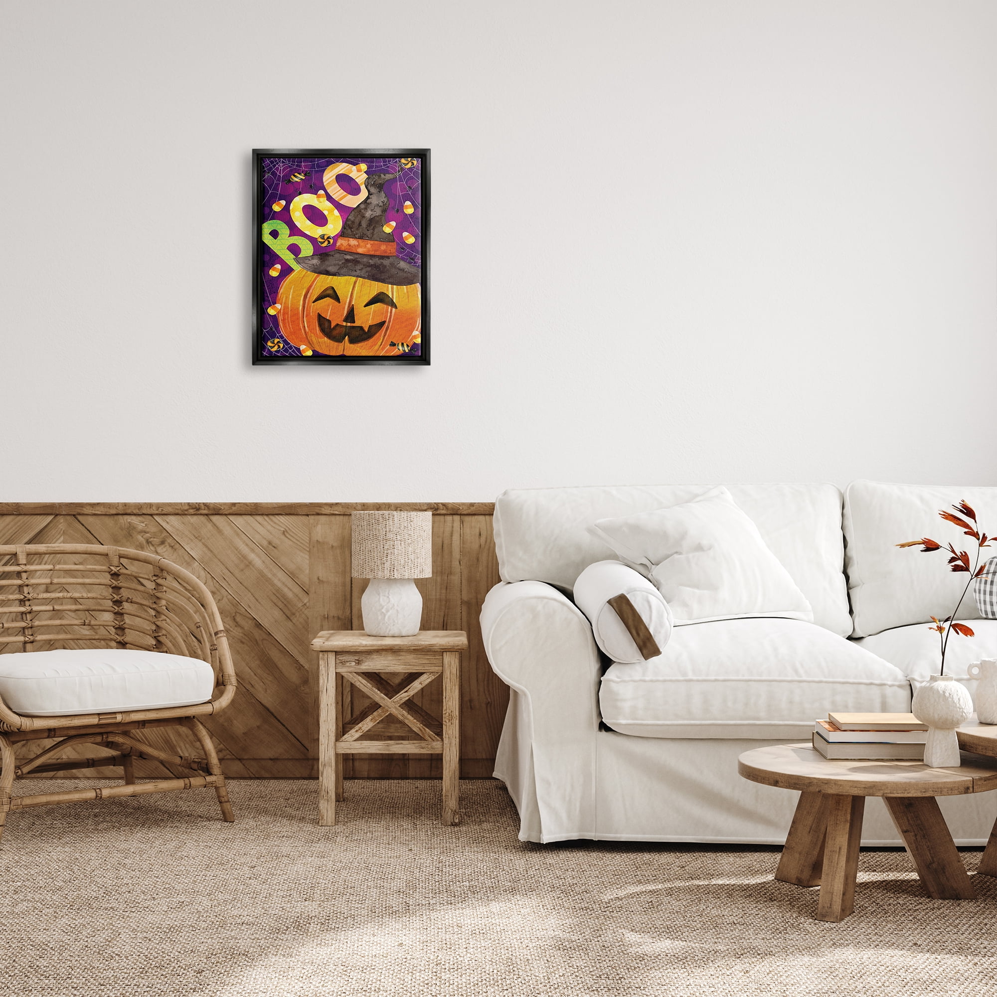 Stupell Industries Boo Jack-o-Lantern Halloween Candy Holiday Painting Black Floater Framed Art Print Wall Art