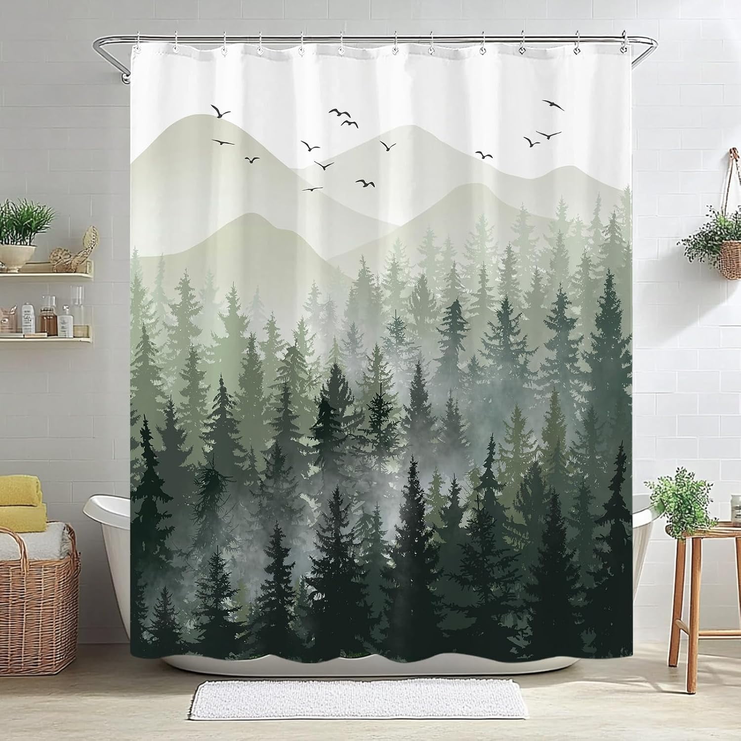 84 Inch Extra Long Green Misty Forest Shower Curtain Ombre Sage Green Mountain Pine Tree Waterproof Fabric Shower Curtains for Bathroom Nature Woodland Decorative Modern Bath Curtain Decor