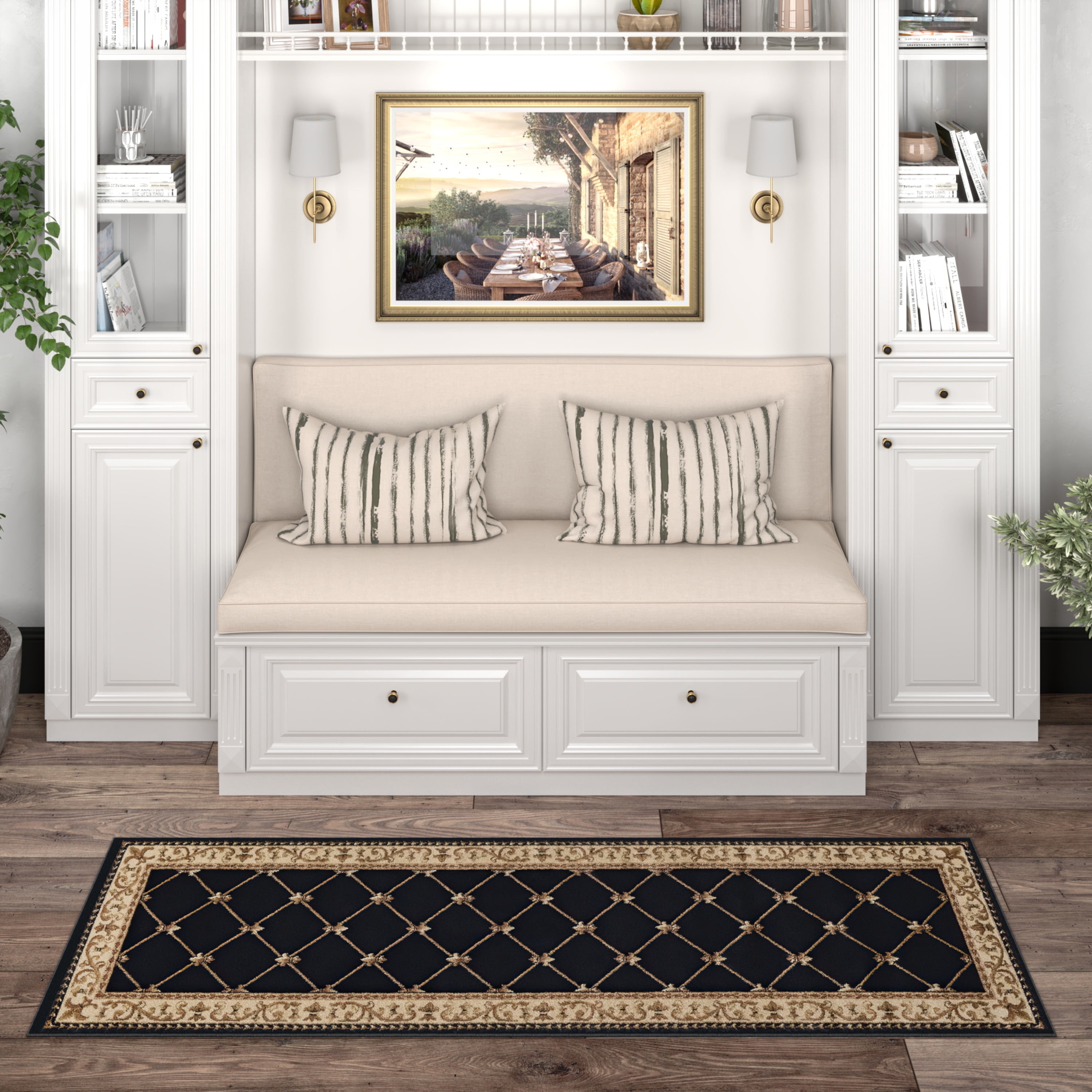 Sensation Traditional 2' x 7' Black and Beige Polypropylene Indoor Area Rug