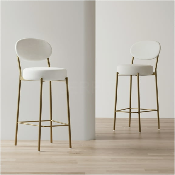 JERFIT Modern Velvet Bar Stools Set of 2 with Backrest & Footrest, Gold Metal Frame Counter Height Dining Chairs for Kitchen Island, Cream White Upholstered Seating