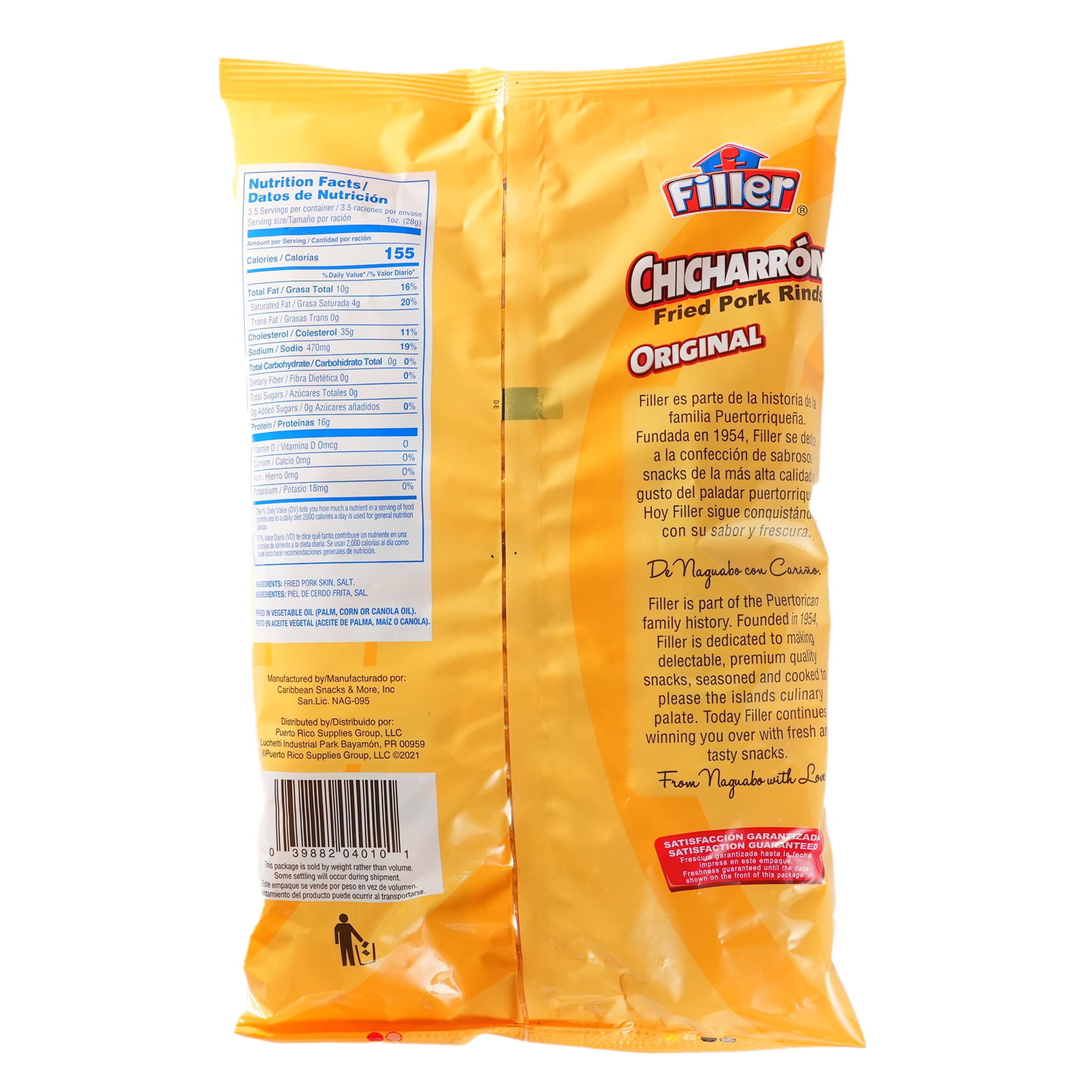 Filler Fried Pork Rinds 3.7oz Bag, Original Flavor, Made in Puerto Rico