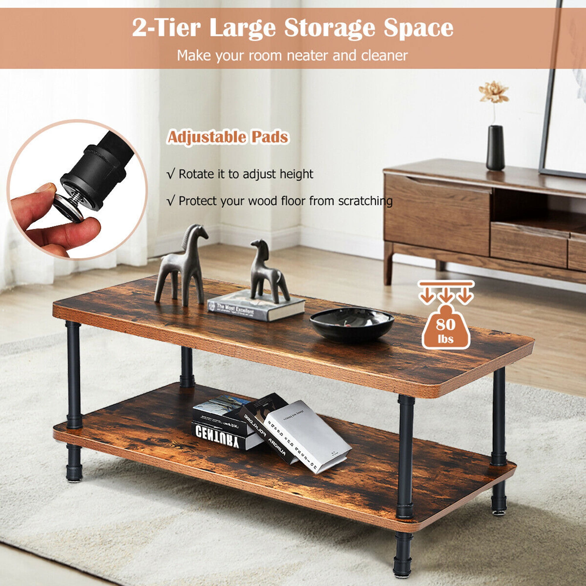 3-Tier Industrial Style Coffee Table with Storage and Heavy-Duty Metal Frame