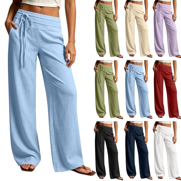 Wide Leg Pants for Women Dqueduo Women's Solid Color Elastic Waist Casual Pocket Straight-Leg Pants – Linen Blend Trousers Light Blue L
