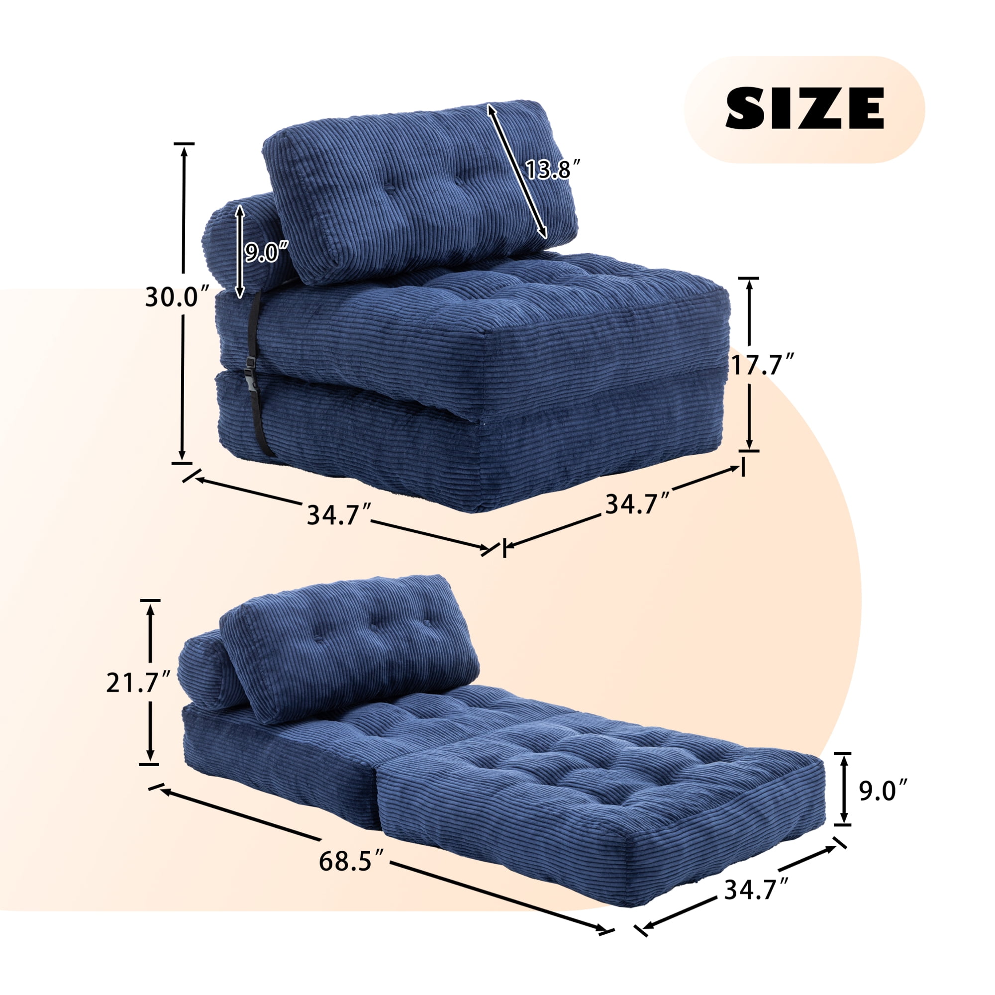 Leumius Folding Sofa Bed,68.5 inch Convertible Sleeper Sofa Chair with Pillow,Foldable Mattress Futon with Back Support,Soft Sleeper Chair Bed Floor Sofa for Living Room Bedroom,Dark Blue