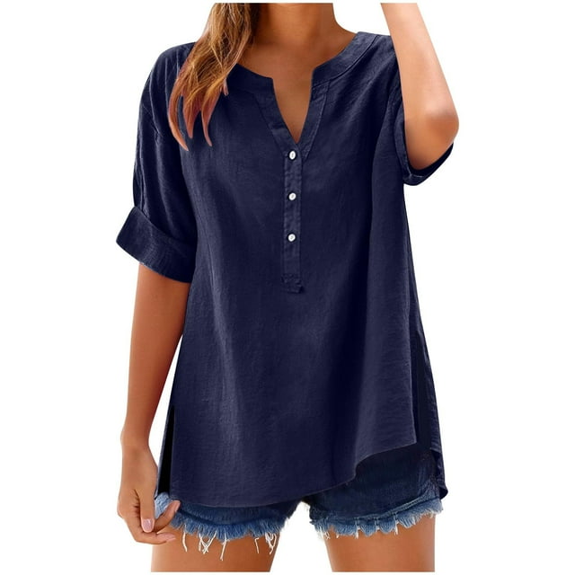 cfhntfmh Plus Size Summer Linen Tops for Women Roll up Short Sleeve Tshirts Button V Neck Cotton Linen Vacation Shirt