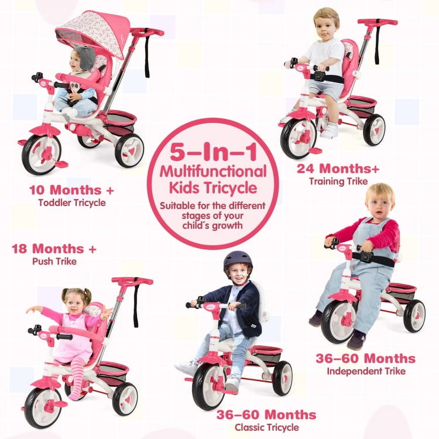 Resenkos 5-in-1 Detachable Baby Stroller Tricycle with Round Canopy-Pink, Infant Stroller for Infant & Toddler