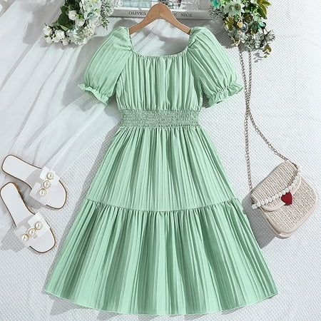

children s clothing on sale Children s Girls Puffed Sleeve Ruffled Solid Color Dress Princess Dress Kids Clothes