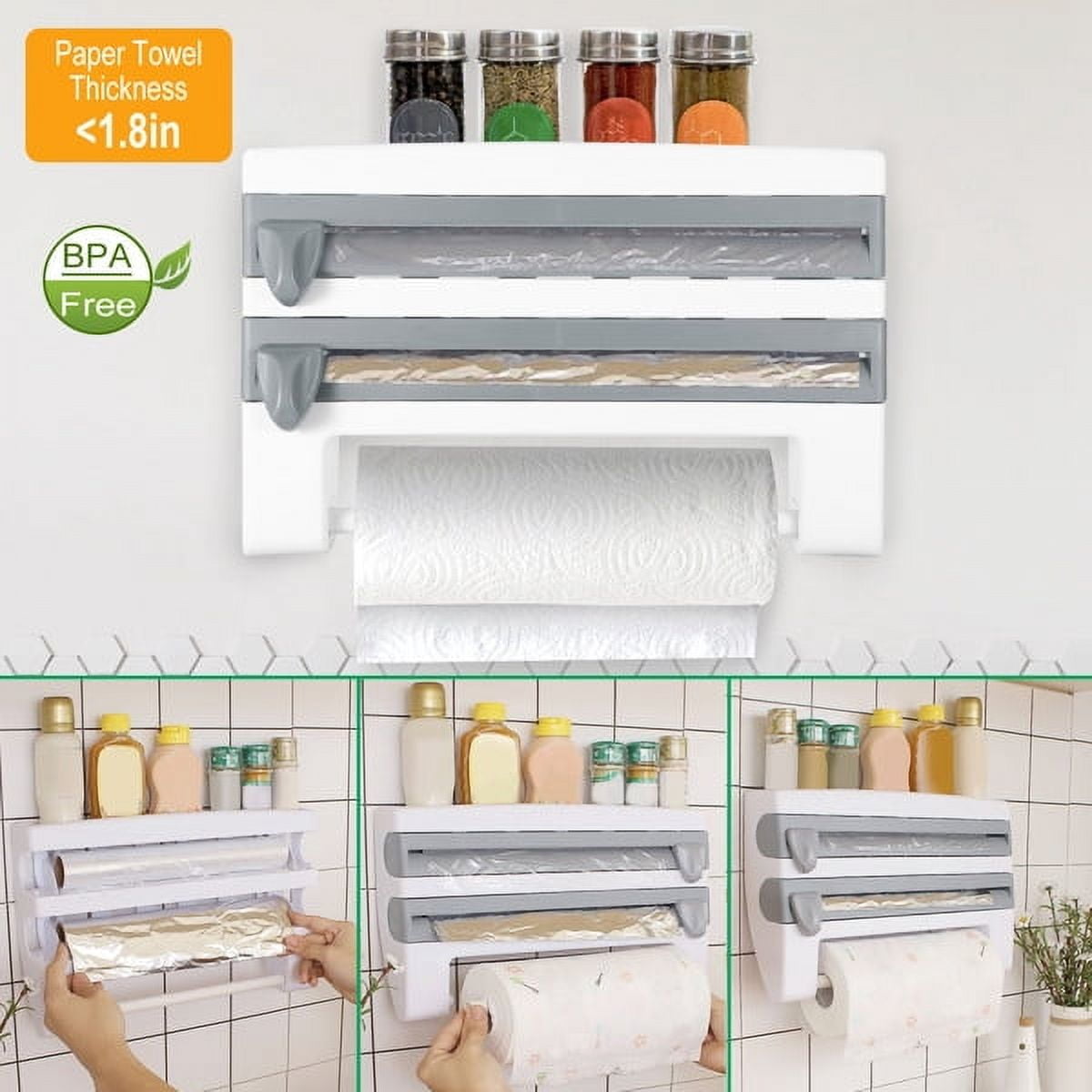 4-in-1 Wall Mount Kitchen Dispenser Rack: Spice Shelf, Paper Towel Holder, Foil/Wrap Cutter - ABS Stainless Steel, 11lb Capacity