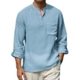 thumbnail image 2 of Horkkom Linen Shirts for Men V Neck Solid Color Long Sleeve Shirts Summer Breathable Casual Shirts with Pocket L, 2 of 5