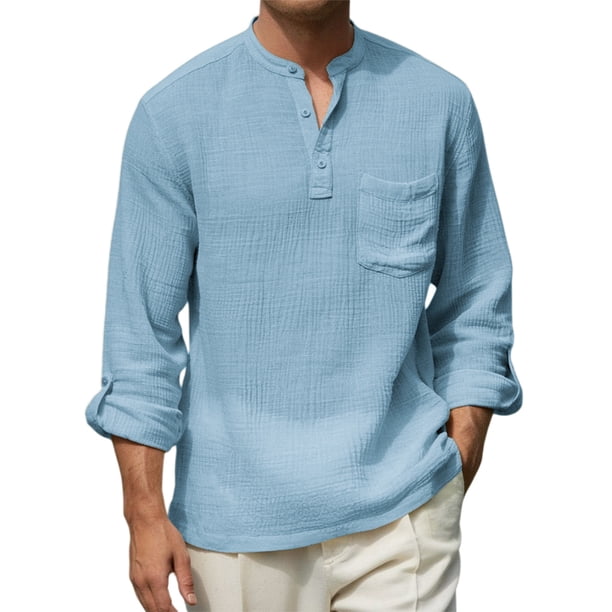Ceisia Men's Relaxed Fit Cotton-Linen Henley Shirts, Breathable Long Sleeve Casual Tops with Chest Pocket Gifts