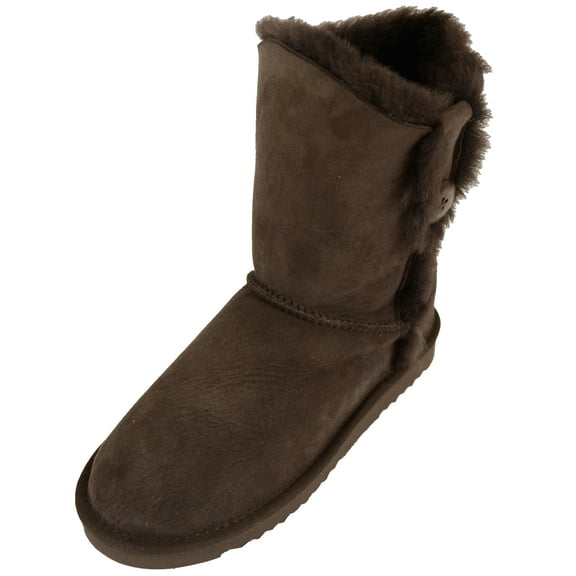 Ladies Genuine Sheepskin Mid Calf Short Boot with Button Design by SNUGRUGS - Chocolate - US 5