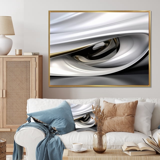 Designart Abstract Modern Waves framed wall art decor, Waves framed wall art, Endless Ripples in Gold and White , Gold Modern Gold framed wall art, 32x24 inches Gold Frame