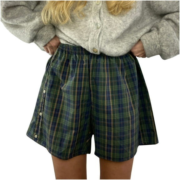 Hvot&aat Women Street Fashion Checkered Shorts Elastic Waist Side Button Boxers Loose Fit Comfy Wide Leg Shorts