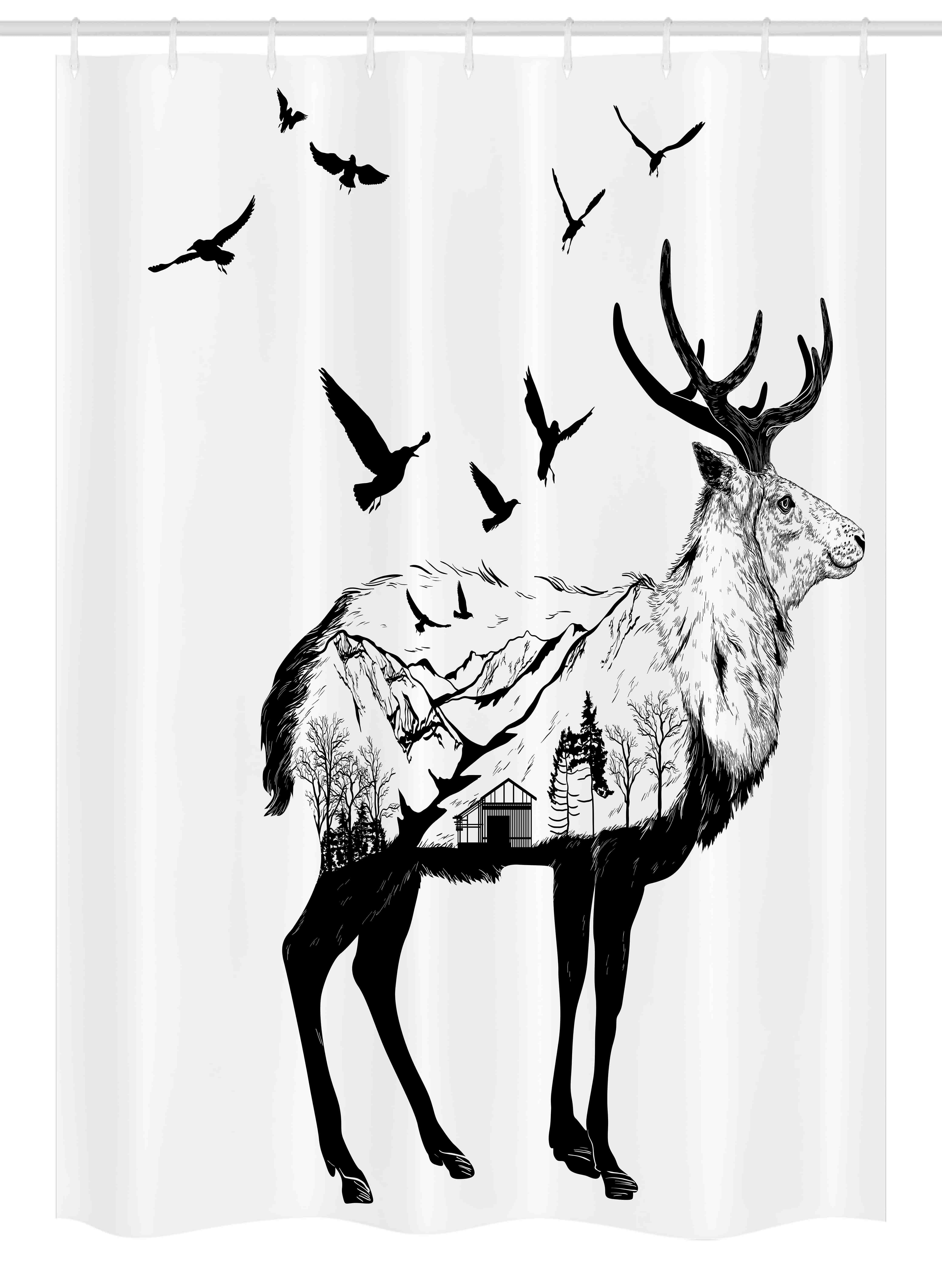 Animal Stall Shower Curtain, Mountain and Cottage Scene in Hand Drawn