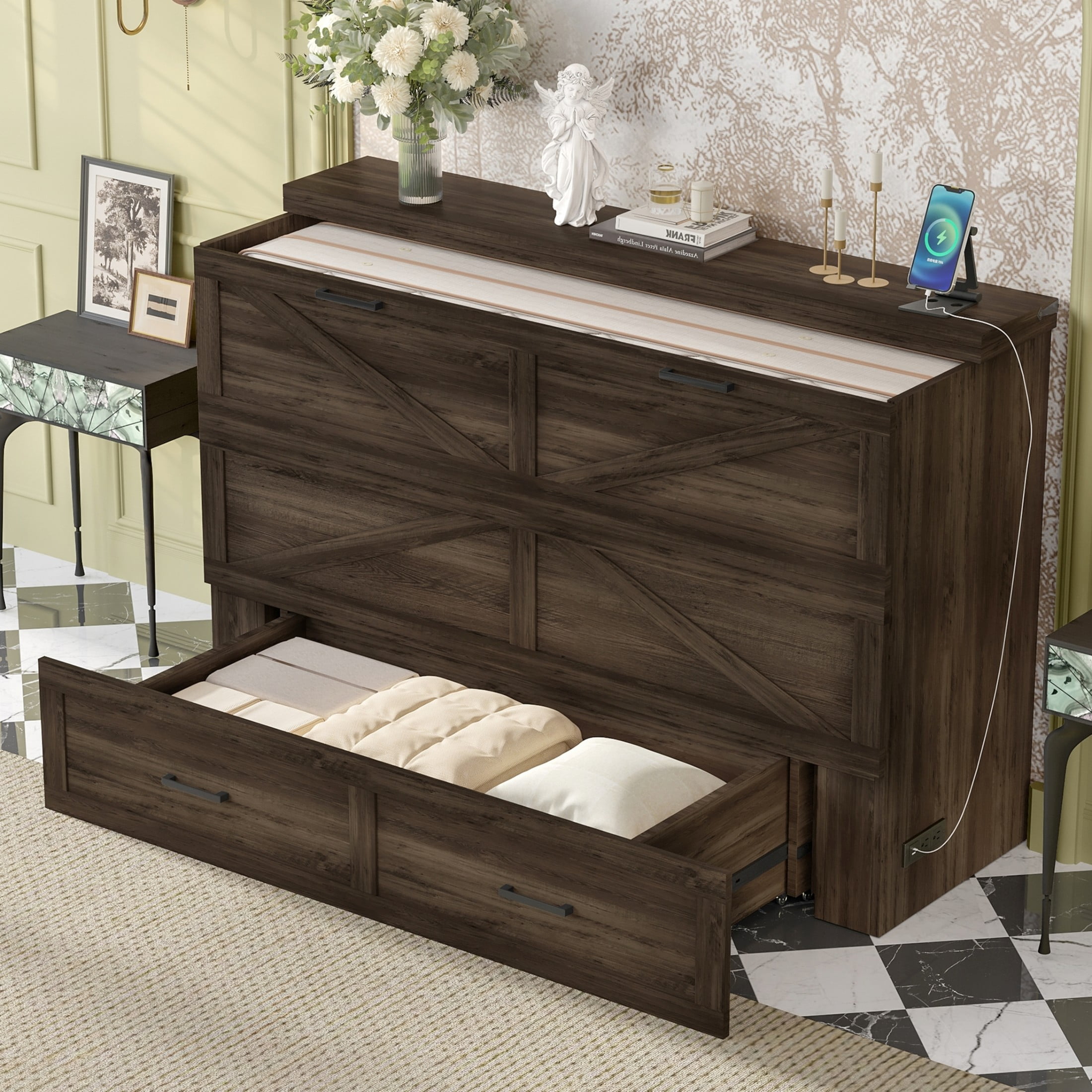 Noble House Queen Size Farmhouse Murphy Cabinet Bed with Charging Station and Storage Drawer, Foldable Platform Bed,Gray