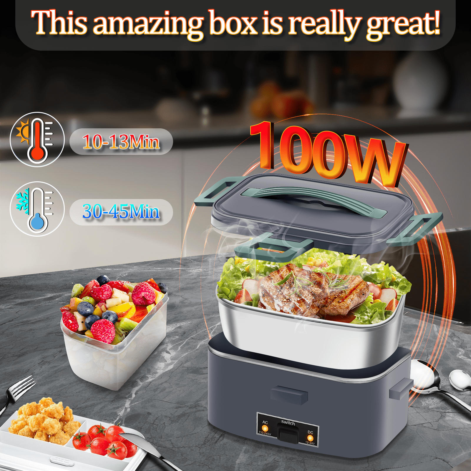 Electric Heated Lunch Box 100W -1.8L Fast Self Heating Lunch Boxes Portable Food Heater for Adults,12V/24V/110V with Leak-Proof Compartment Lid for Car Truck Office Home Green (3 Times Faster)