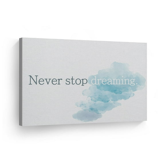 Smile Art Design Never Stop Dreaming Quote Blue Clouds Watercolor Paint Inspirational Wall Art Canvas Print Motivational Home Decor - Made in the USA- 30x40