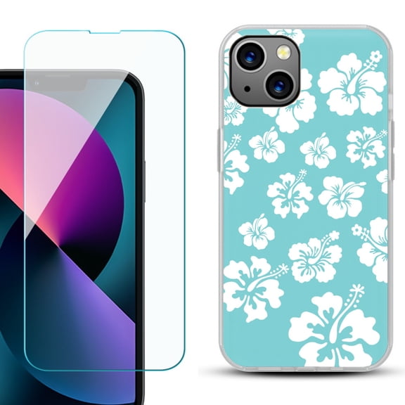 Slim-Fit Gel TPU Phone Case for iPhone 13 Mini, with Tempered Glass Screen Protector, by OneToughShield ® - Hibiscus Teal