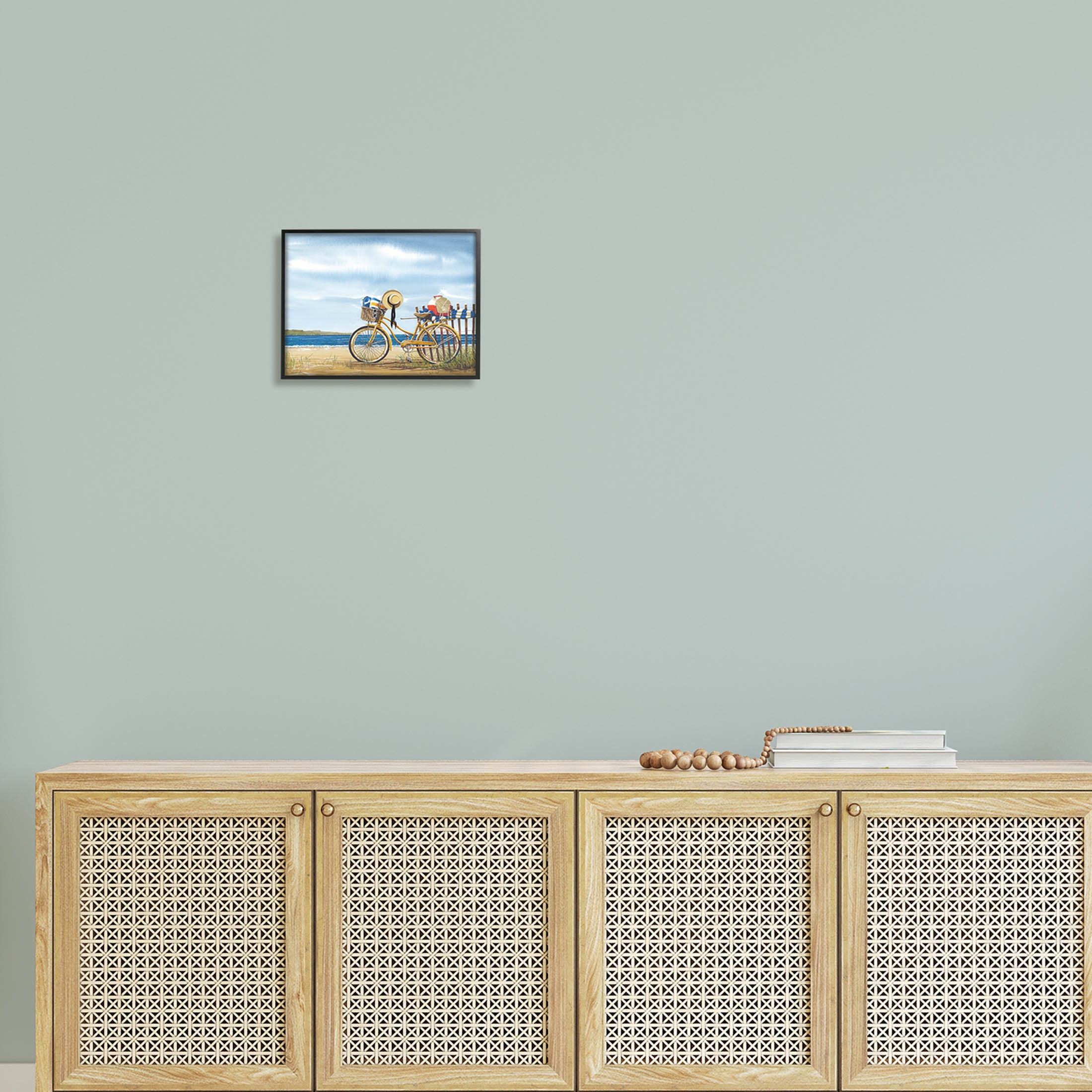 Summer Bike Beach Day Waves Coastal Painting Black Framed Art Print Wall Art