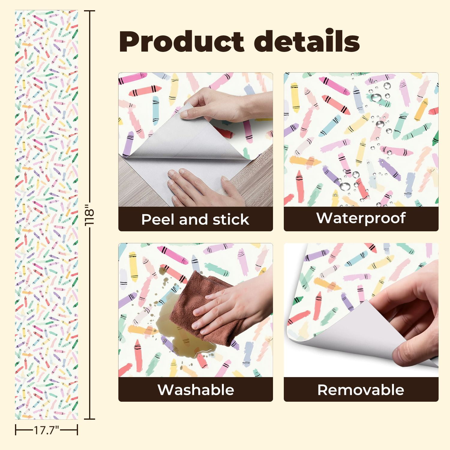 Peel and Stick Wallpaper Pastel Crayon Colorful Hand Drawn Strokes White Wall Mural 17.7in x 9.8ft Self Adhesive Removable Wall Paper Renter Friendly Wallpaper for Nursery Bedroom Classroom